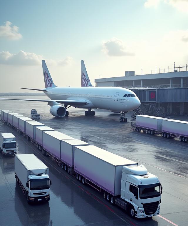 Modern logistics hub with cargo planes and transport trucks