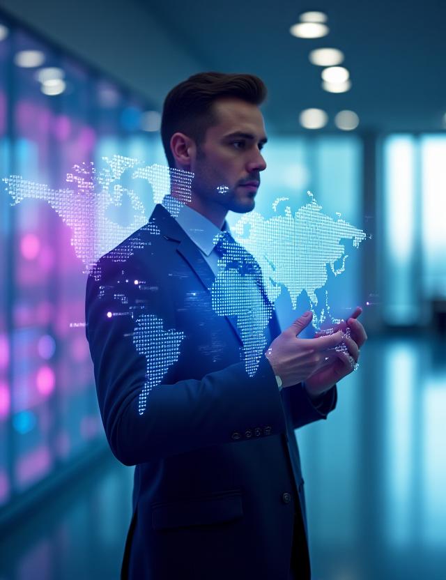 Logistics professional analyzing global shipping routes on a digital interface
